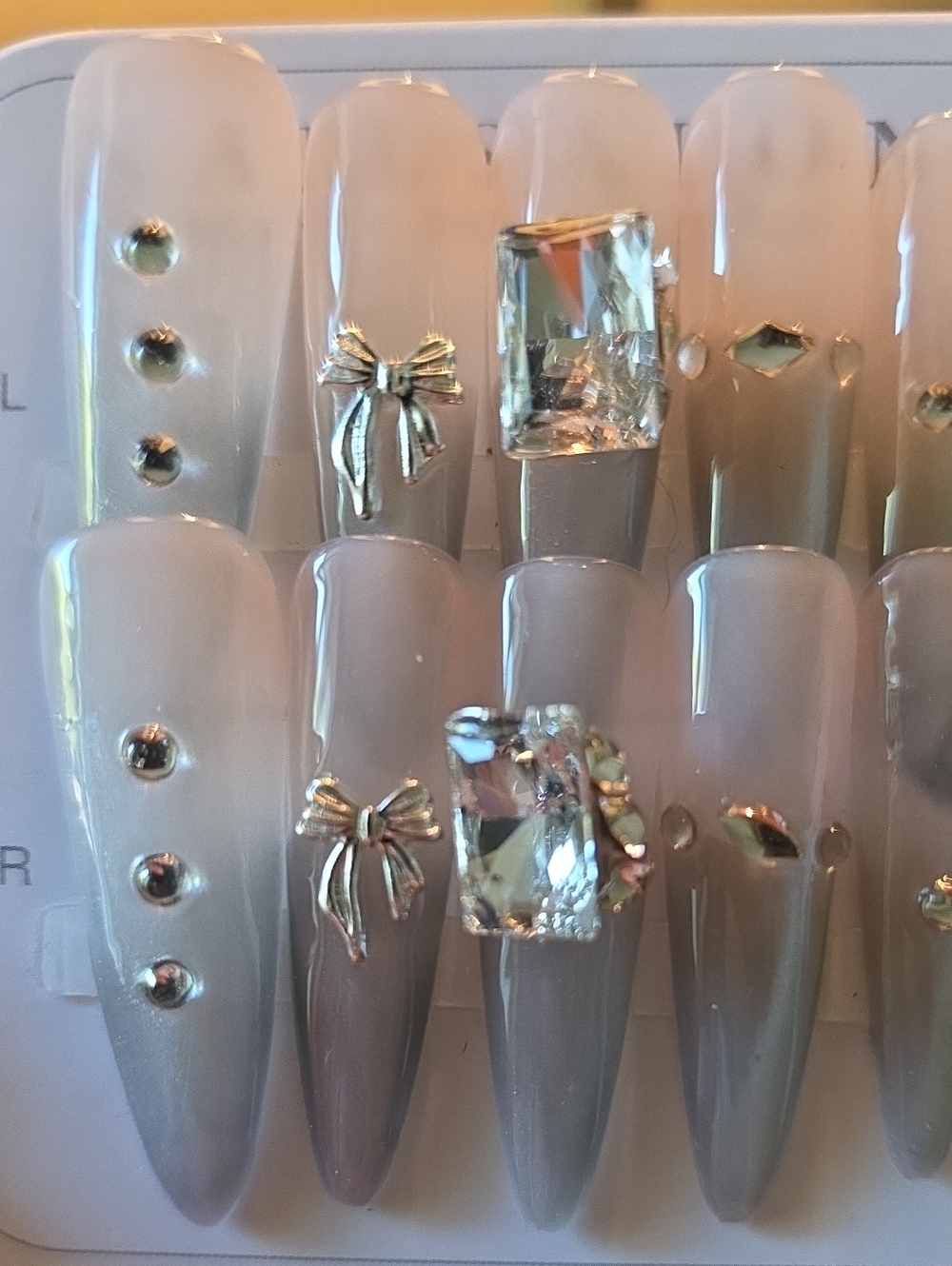Neutral Gray Rhinestone Bow Press-On Nails - Size Large